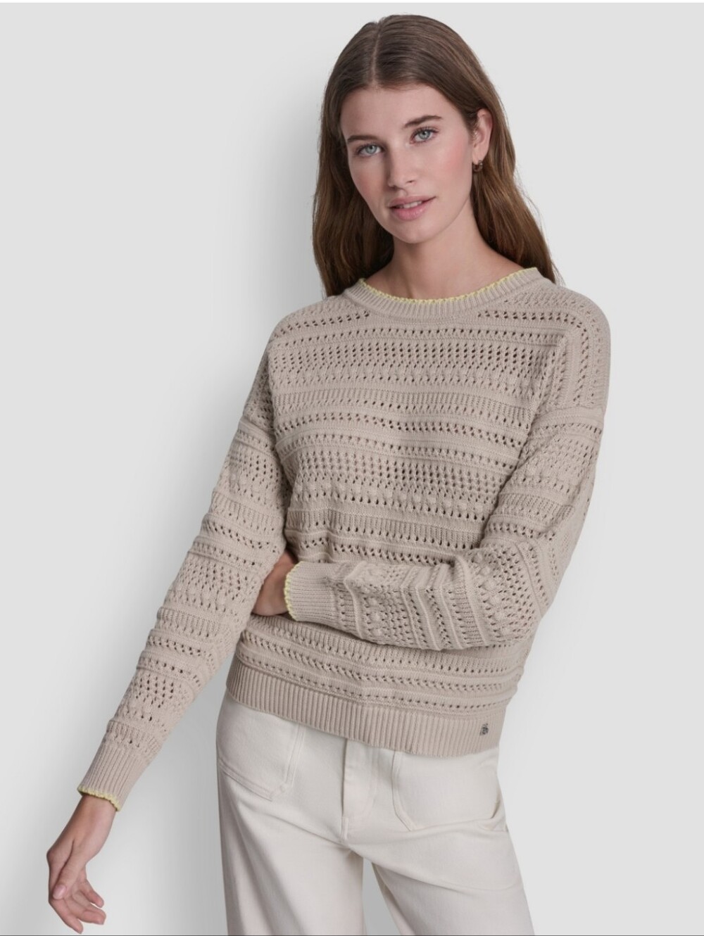 DKNY Jeans Women's Crew Neck Long-Sleeve Knit Pointelle Crochet Beige Sweater L